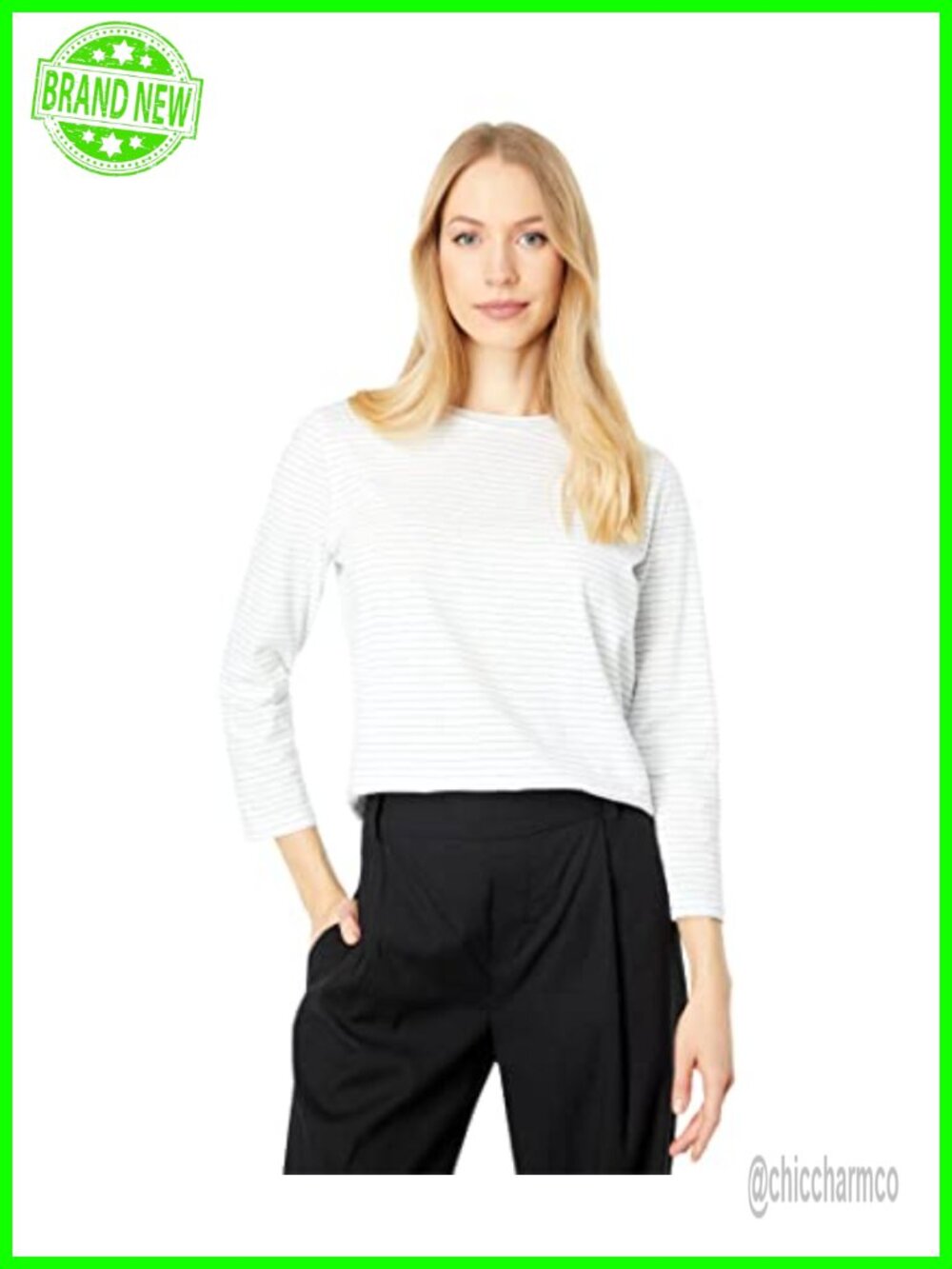 Womens Striped Crewneck Cotton-Linen Bracelet Sleeve T-Shirt